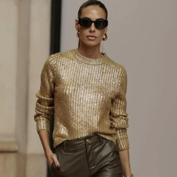BLOGGER’S FAVE | NWT ZARA GOLD METALLIC SHIMMER CRACKLED KNIT SWEATER - Picture 5 of 11